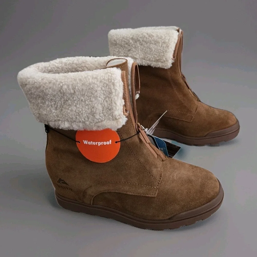 Ozark Trail Women's Wedge Waterproof Boots Sz 9 Faux Fur Cuff Front‎ Zipper Boho